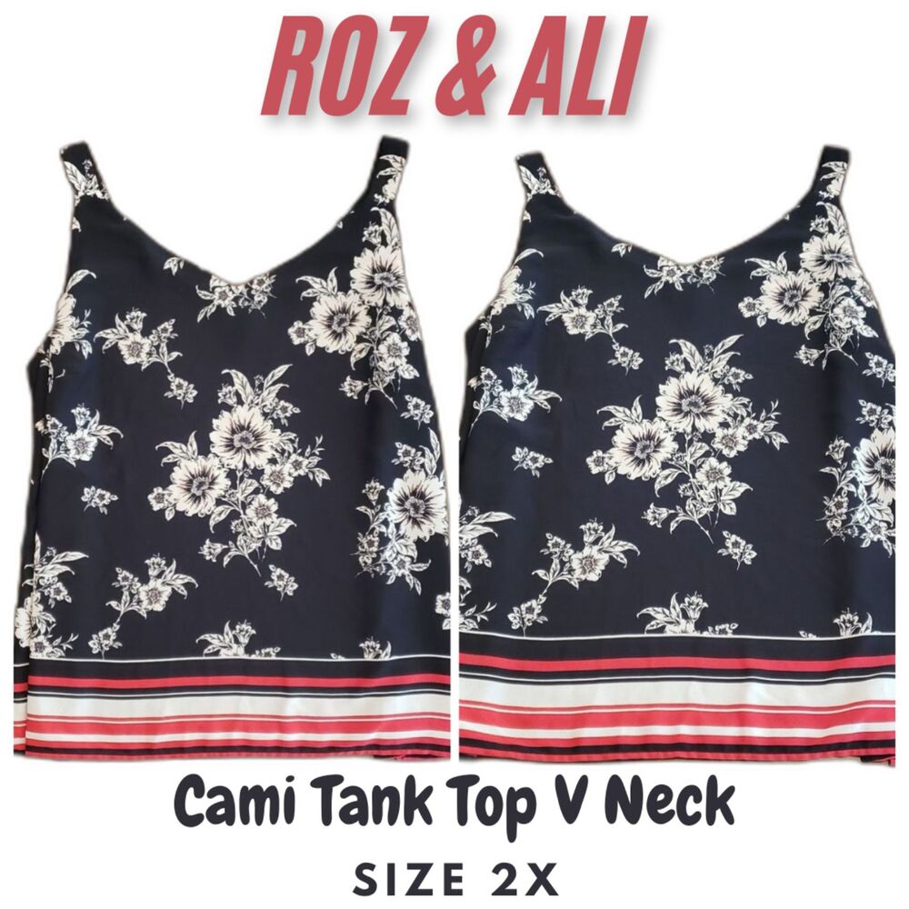 Roz & Ali Women Cami Tank Top V Neck Floral Print Black Size 2X